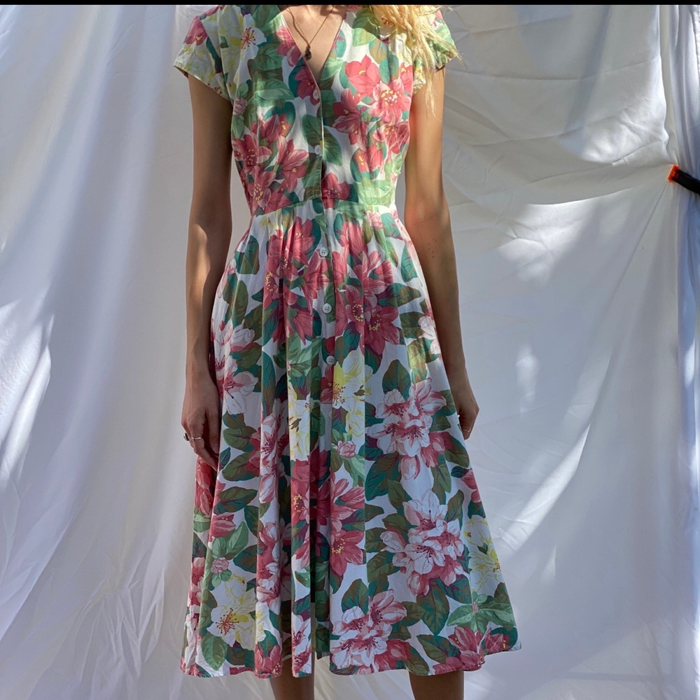 Vintage Floral Midi Dress - Green, Pink, White